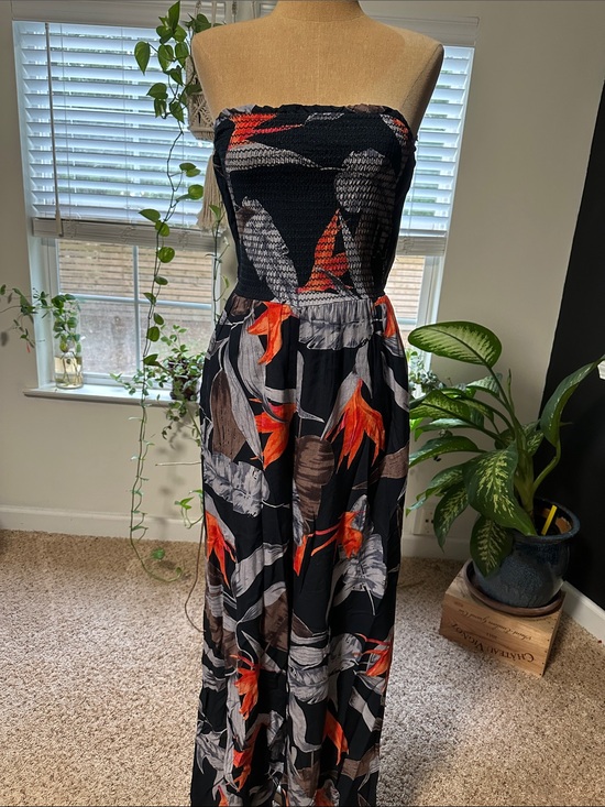 Dresses & Skirts - Strapless Black Floral Maxi Dress with Orange Accents